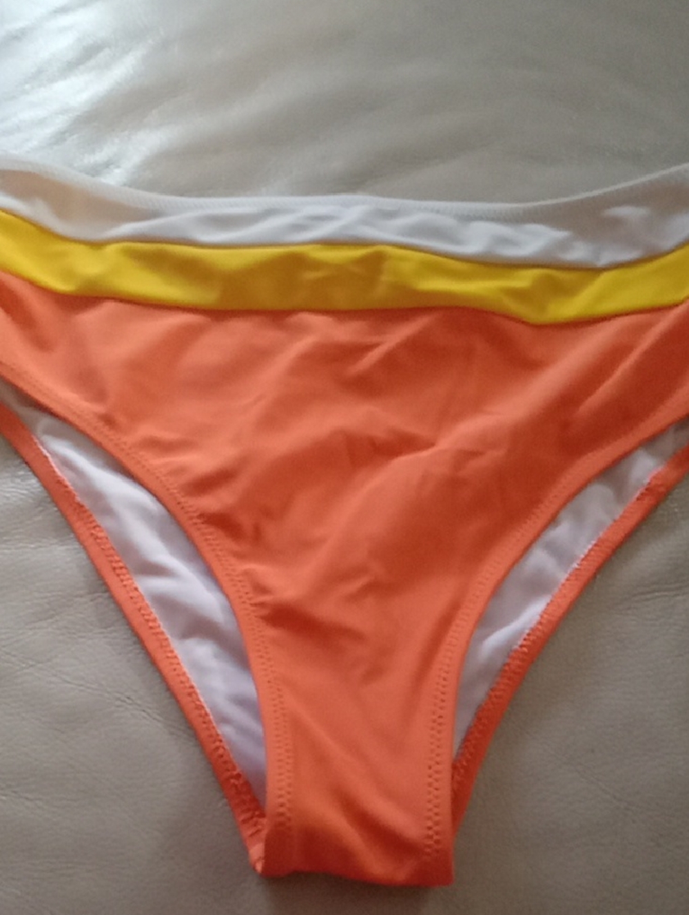 High-Waist Colorblock Women's Swim Bottoms - Orange/Yellow/White - Picture 2 of 5